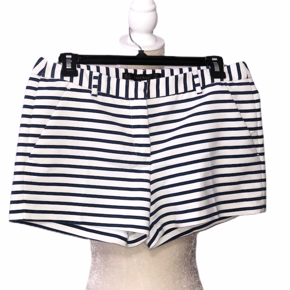 Zara Basic Shorts Navy Blue & White Stripes Medium